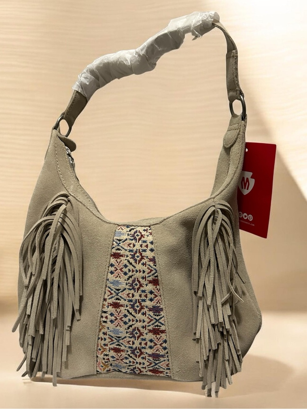 MINNETONKA Beige Fringe Hobo Bag with Embroidered Front Panel New with tags